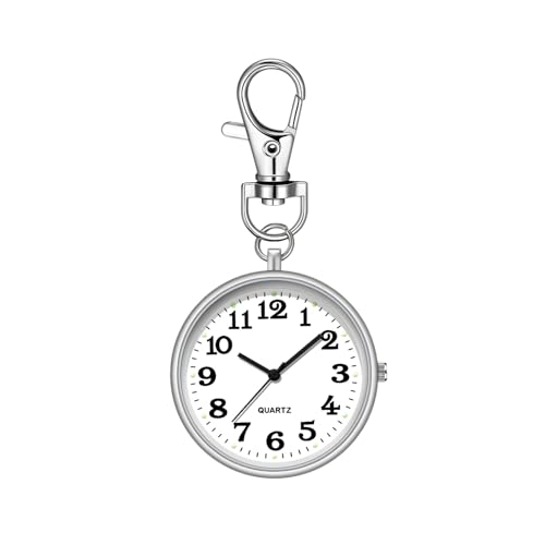 YFFSFDC ナースウォッチ 懐中時計 小型 シンプル キーホルダー ポケットウォッチ 数字 見やすく大きい 文字盤 夜光 クオーツ 男女兼用 (シルバー)